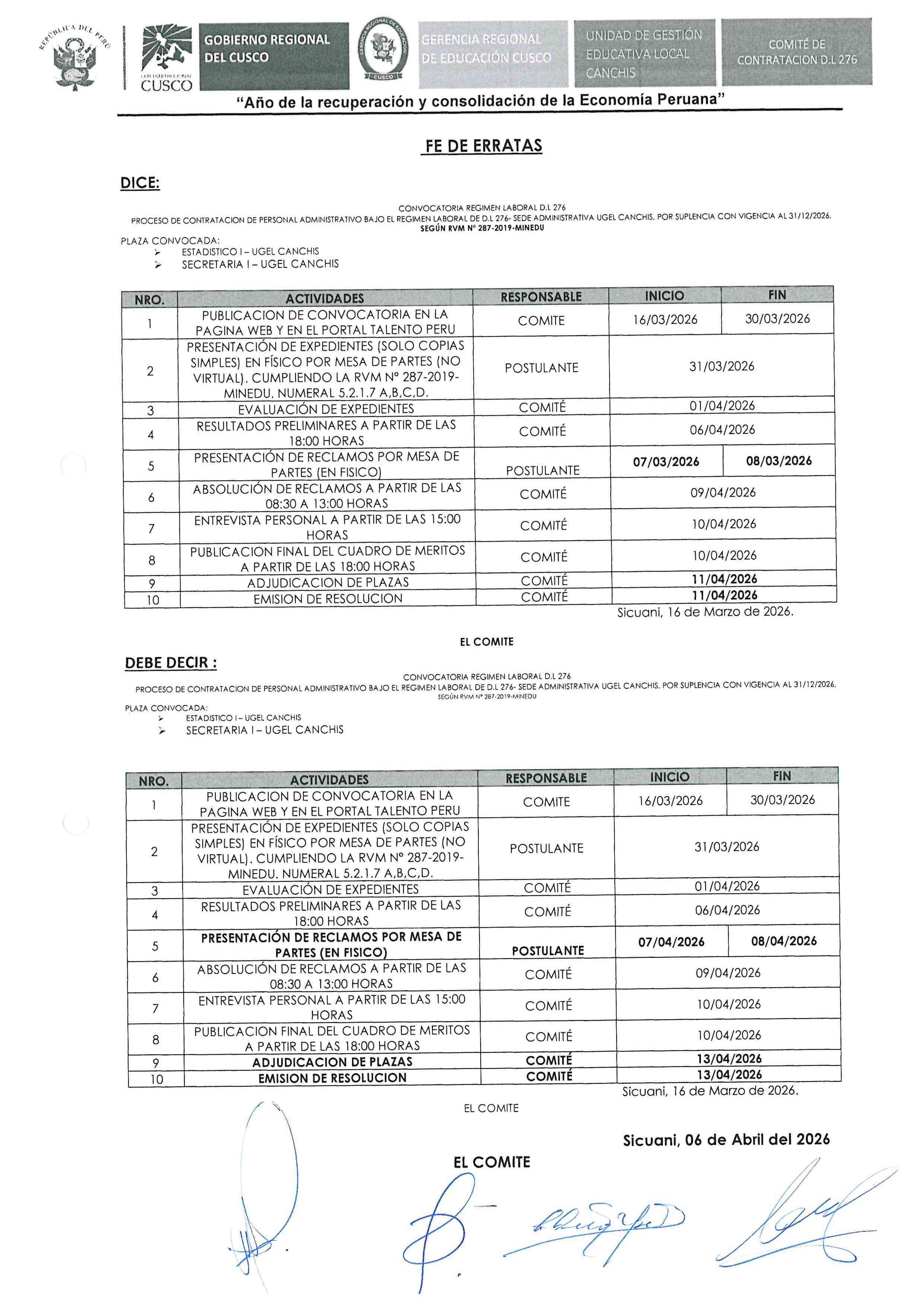 FE DE ERRATAS - Convocatoria régimen laboral D.L 276